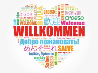 Wall Mural - Willkommen (Welcome in German) love heart word cloud in different languages, conceptual background