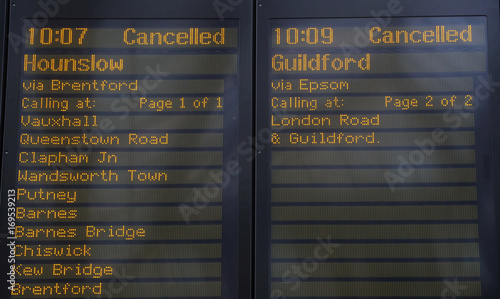 A Notice Board Displays Cancelled Train Journeys At Waterloo Train