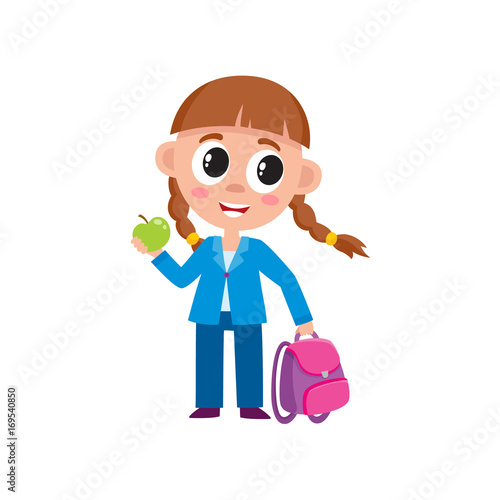 Full Length Portrait Of Cute Little Girl With Backpack Dressed For School Cartoon Vector Illustration Isolated On White Background Cartoon Little Girl Ready For School Full Length Portrait Stock Vector Adobe