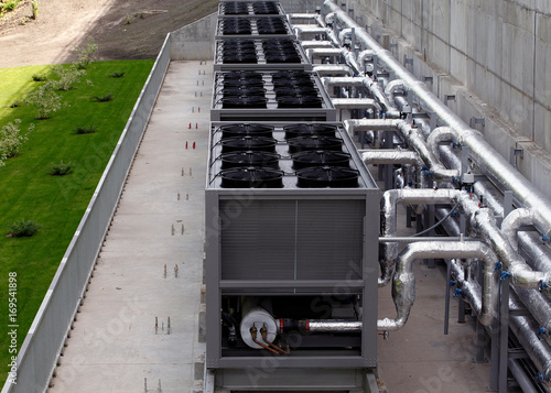 Cuadros en Lienzo Air chiller. Sets of cooling towers in data center building.