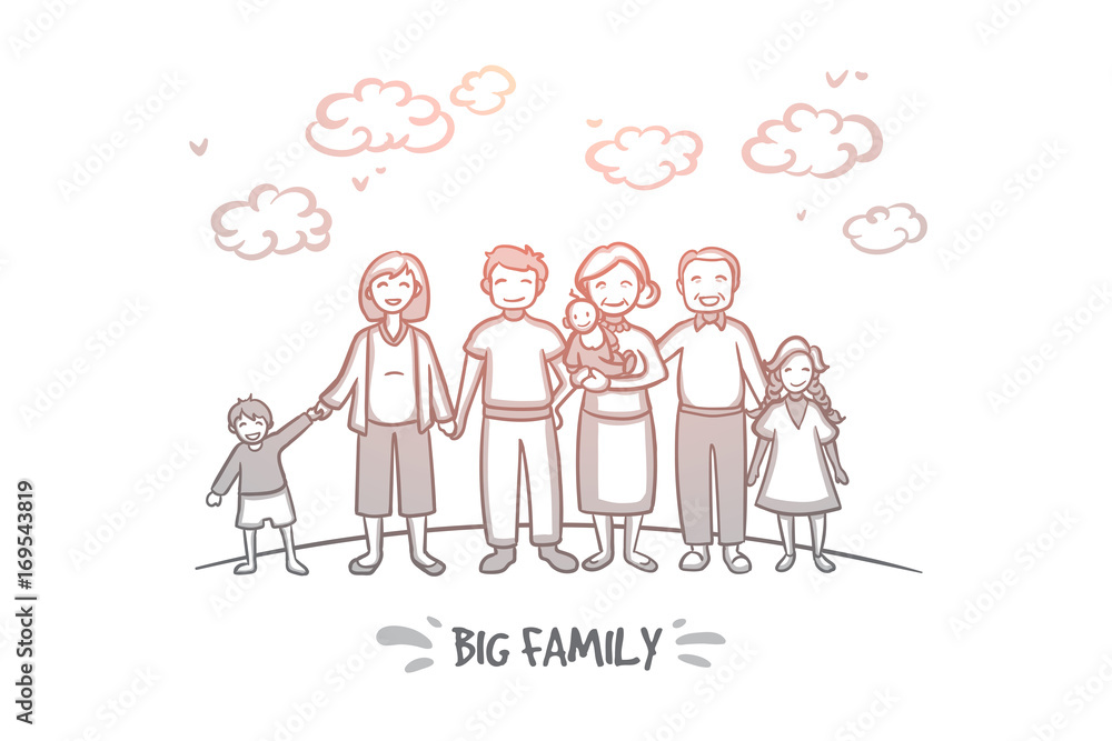 Big family concept. Hand drawn large group of people one family. Mother ...