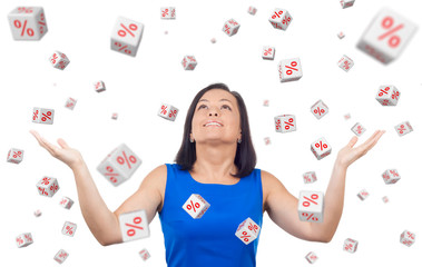 Aufkleber - Portrait of Happy Woman Celebrates Success under a Discounts Percent Cubes Rain Falling Down