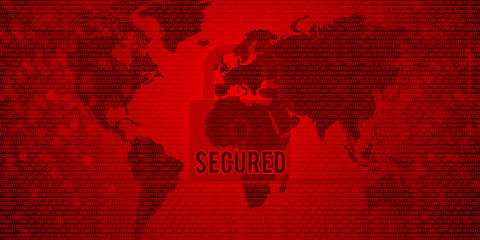Binary code on world map secured background wallpaper. Red