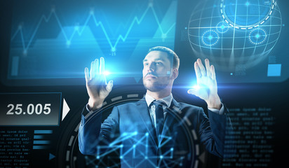 Poster - businessman working with charts on virtual screen