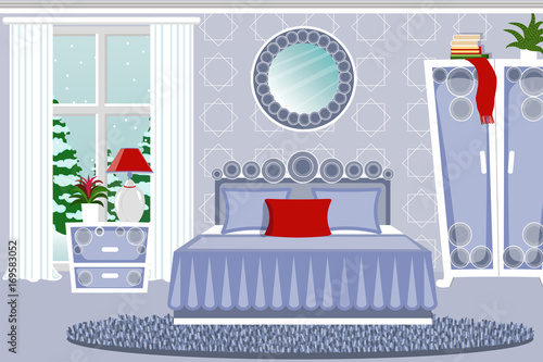 The Interior Of The Bedroom Cozy Room With Furniture Winter Landscape Outside The Window Fir Covered With Snow Cartoon Vector Buy This Stock Vector And Explore Similar Vectors At Adobe Stock