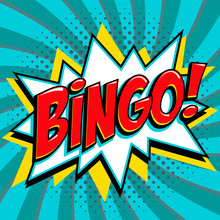 Bingo Lottery Poster. Lottery Game Background. Comics Pop-art Style Bang Shape On A Red Twisted Background.