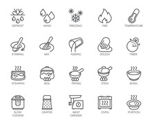 20 Line Icons For Cooking Theme. Big Vector Set Of Outline Symbols Isolated On White Background. Kitchen Accessories Labels. Editable Stroke. 48x48 Pixel Perfect