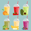 Cartoon smoothies. Orange, strawberry, berry, banana and avocado smoothie. Organic fruit shake. Flat design. Vector illustration.