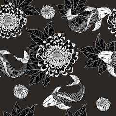 Koi fish and chrysanthemum pattern by hand drawing.Tattoo art highly detailed in line art style.Fish and flower seamless pattern.