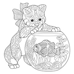 Wall Mural - Coloring page of kitten playing with clown fish in aquarium. Freehand sketch drawing for adult antistress coloring book in zentangle style.