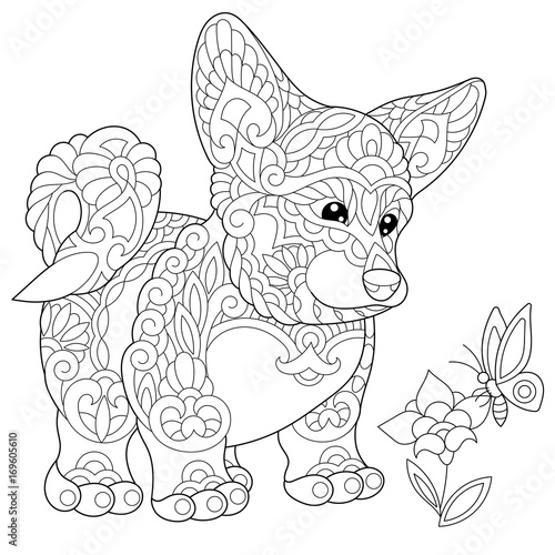 Download Coloring page of welsh corgi dog and butterfly on a flower ...