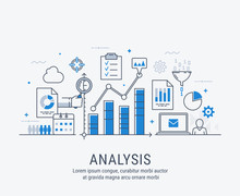 Modern Thin Line Design For Analysis Website Banner. Vector Illustration Concept For Business Analysis, Market Research, Product Testing, Data Analysis.
