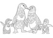 Coloring page of emperor penguins family, isolated on white background. Freehand sketch drawing for adult antistress coloring book in zentangle style.