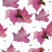 Watercolor Illustration. Pattern Of Transparent Pink Maple Leaves.