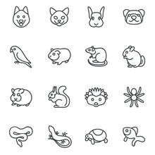 The Most Popular Pets As Line Icons / There Are Typical Pets Like Dog, Cat, Ferret And Bird
