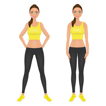 Cute Smiling Fit Girl With Hands On The Hips. Young Woman In Yellow Leggings And Crop Top. Character Vector Illustration.