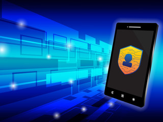 Wall Mural - cyber security concept vector illustration. smart phone with shield for privacy protection on blue t