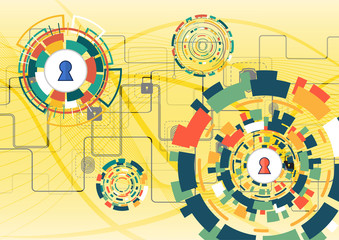 Wall Mural - cyber security concept vector illustration. shield with keyhole on multicolor technology circle back
