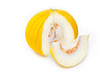 Ripe yellow casaba melon with a slice on white background.