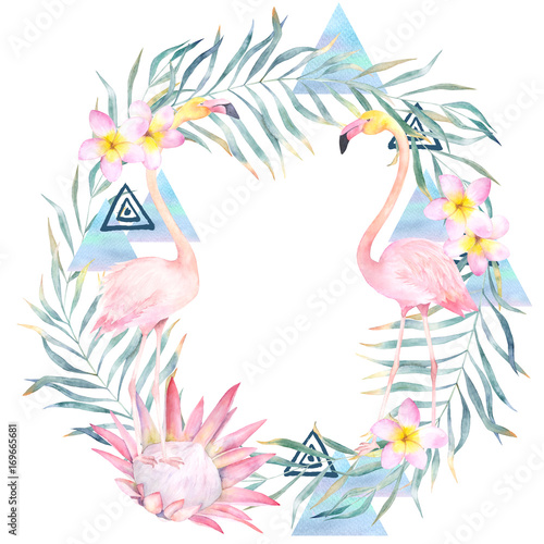 Summer colorful wreath with palm leaves, flamingo, geometrical elements and f...