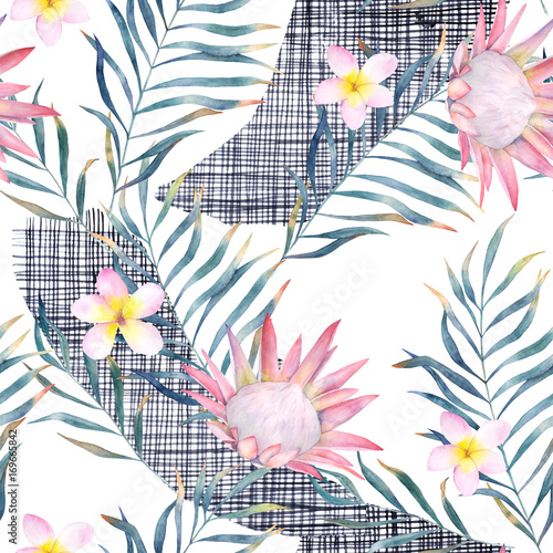 Watercolor exotic seamless pattern, green tropical leaves, protea and plumeri...