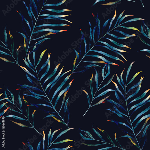 Watercolor exotic seamless pattern, green tropical leaves, botanical summer i...