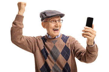 Poster - Senior with a phone gesturing happiness