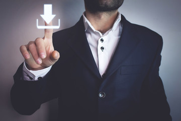 Canvas Print - businessman hand pushing button web download icon.
