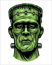 Color Illustration Of Frankenstein Head. Isolated On White Background. Halloween Theme