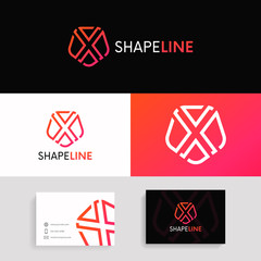 Wall Mural - Abstract X logo linear shield sign with brand business card vector design.