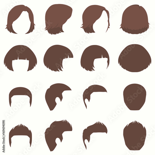 woman and man hair, vector hairstyle siluette, front back and ...