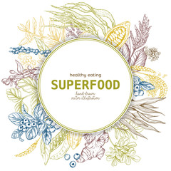 Wall Mural - Superfood round banner, color sketch vector 