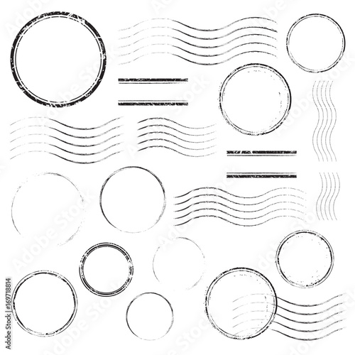Fotomural Set of postal stamps and postmarks, black isolated on white background, vector illustration