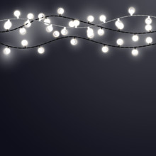 White Christmas Incandescent Light Strings On The Dark Gray Background. Vector Outdoor Patio Lights.