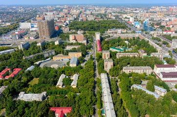 Wall Mural - Tyumen, Russia - August 18, 2016: Aerial view on Geologorazvedchikov and Melnikayte streets quarters