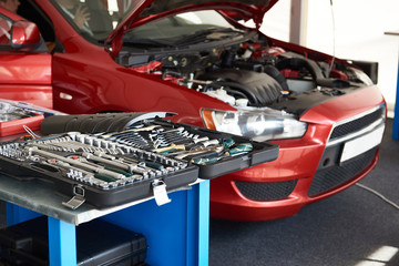 Wall Mural - Set of tools on table in car service