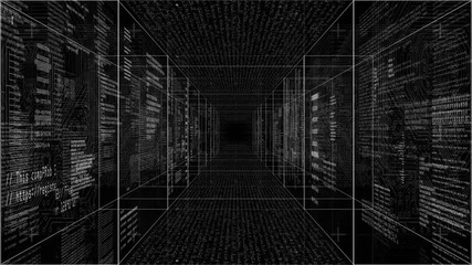 Technological digital tunnel.Fly in through HUD with running digital data code text.PNG alpha channel.Great opener.Good for tech titles and background, news headline business intro screensaver.