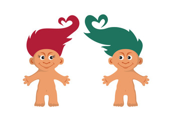 Wall Mural - Two hairy trolls in love icon vector. Cute troll figures icon set vector isolated on white background. Male and female gnome with pink and green hair design element