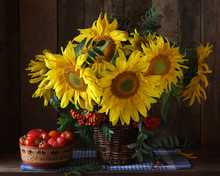 Sunflowers And Tomatoes. Rustic Still Life Of Flowers And Vegetables.
