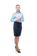 © kosmos111 - Portrait of businesswoman isolated on white background with piggy bank in hands