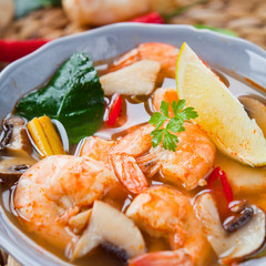 Sticker - Thai cuisine Pho Soup with King Prawns, Lemon Grass, Lime, Lime Kaffir leaves Tomato, Galangal, chili peppers and coconut milk - Tom Yum Goong Nam Khon. 