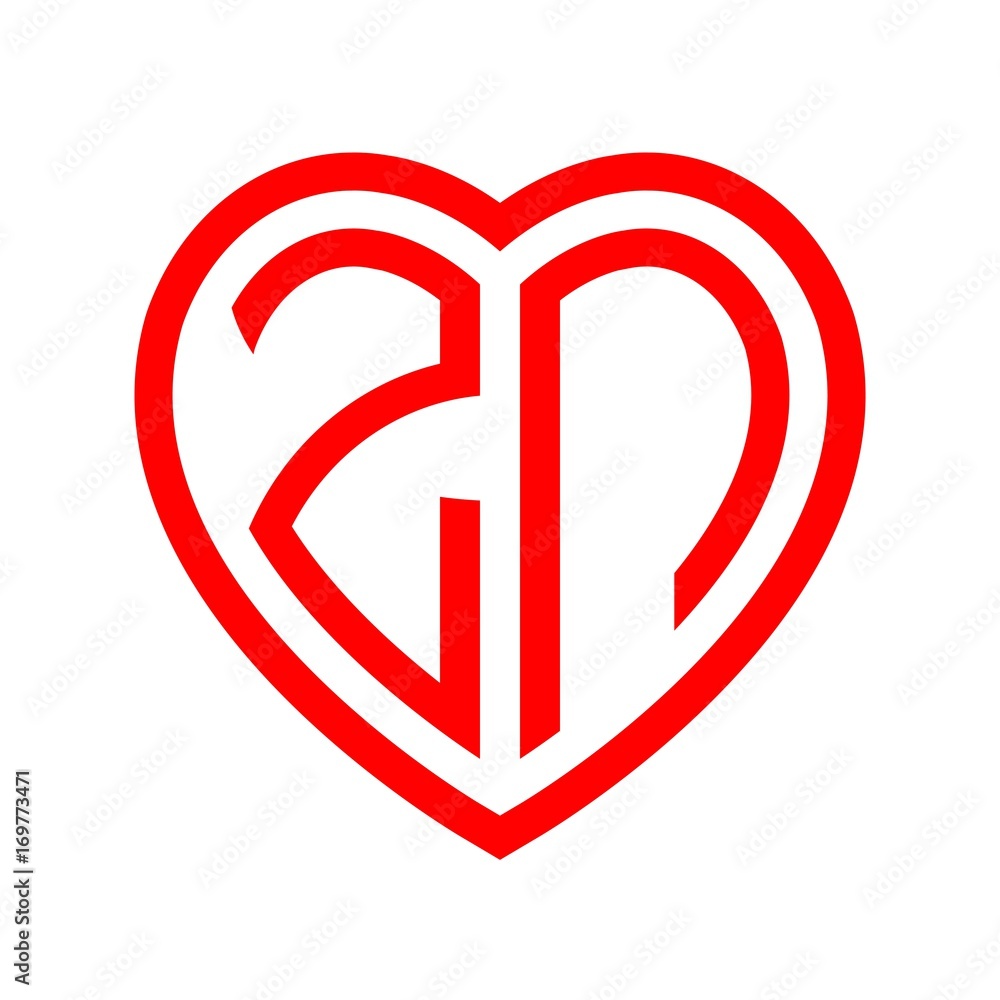 initial letters logo zn red monogram heart love shape Stock Vector