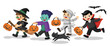 Set of Happy Halloween. Funny children in colorful costumes and a cat. zombie, mummy, witch, Dracula.
