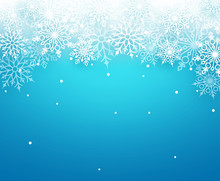 Winter Snow Vector Background With White Snowflakes Elements Falling And Empty Space For Text In Blue Background. Vector Illustration.
