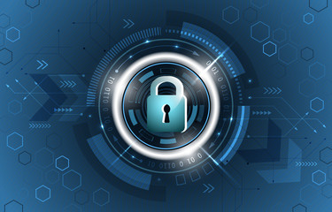 Wall Mural - safety concept. global security technological vector background. closed padlock, glitter, circuit bo