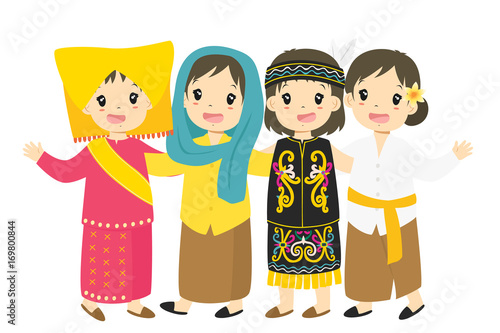 indonesian children girls wearing traditional dress 