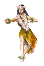 Hula Hawaii Dancer Girl, Watercolor Illustration Isolated On White Background.