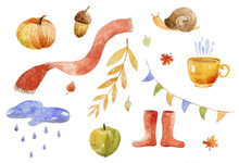 Autumn Set On The White Background. Watercolor Hand-drawn Illustration