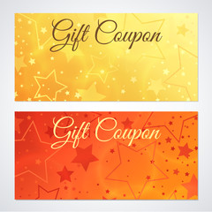 Wall Mural - Gift certificate, Voucher, Coupon, Invitation or Gift card Discount template with sparkling, twinkling stars (texture). Red, gold background design for holiday gift banknote, check, flyer