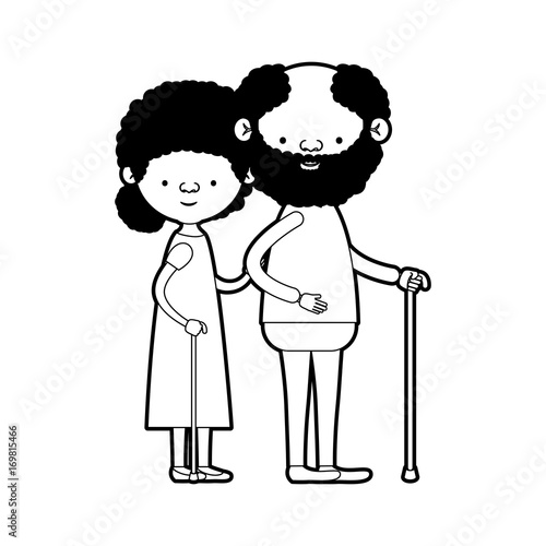Caricature Full Body Elderly Couple In Walking Stick Grandmother